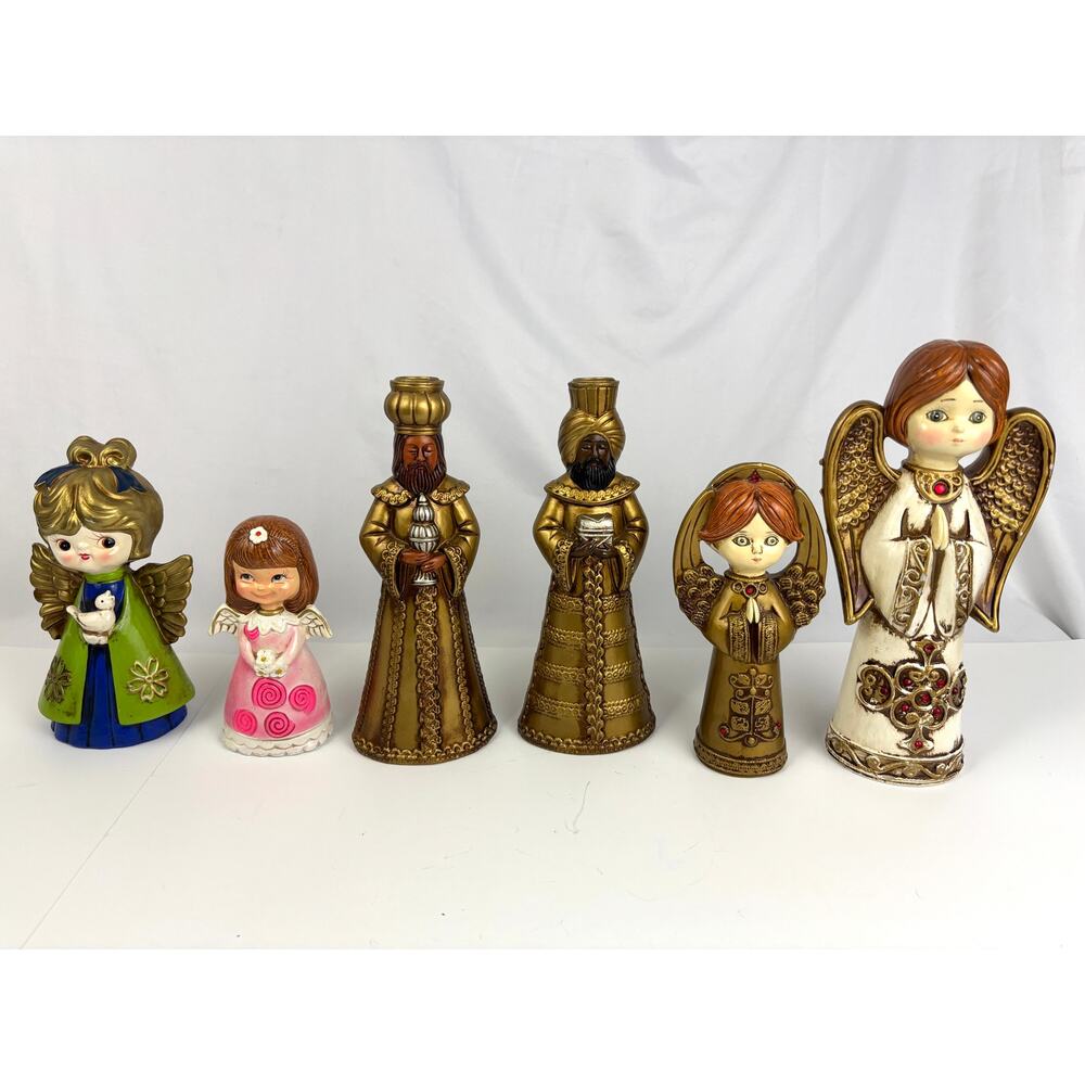 Lot of 6 Vintage Gold Painted‎ Three Wise Men Angels Nativity Chalkware MCM - Picture 10 of 11